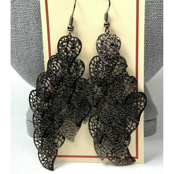 Bronze Tone Earrings Long Cascading Articulated Open Leaves Lacey Leaf Filigree - Picture 3 of 7
